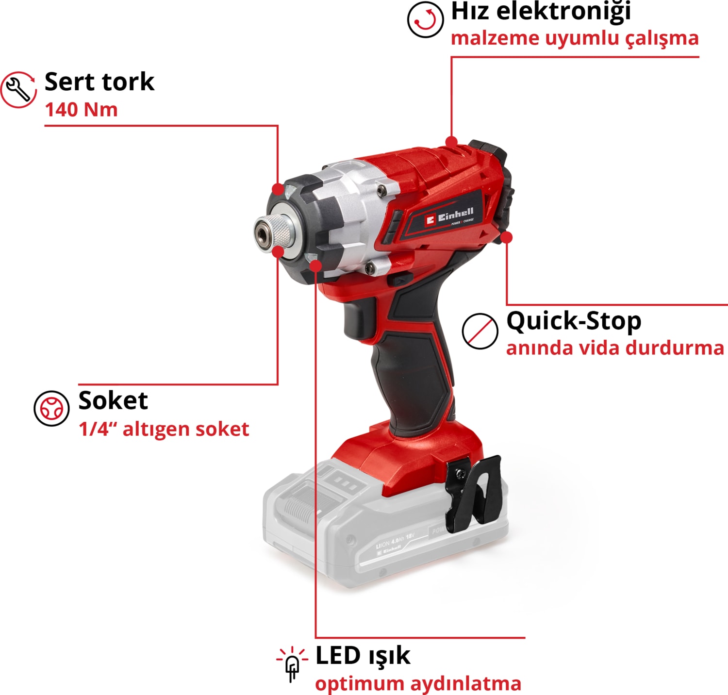 EİNHELL Akülü Darbeli Vidalama TE-CI 18/1 Li-Solo Power X-Change (Li-Ion, 18V, 0-2300 devir/dk, maksimum sert tork 140 Nm, devir kontrol elektroniği, akü ve şarj cihazı dahil değildir) - 4510034