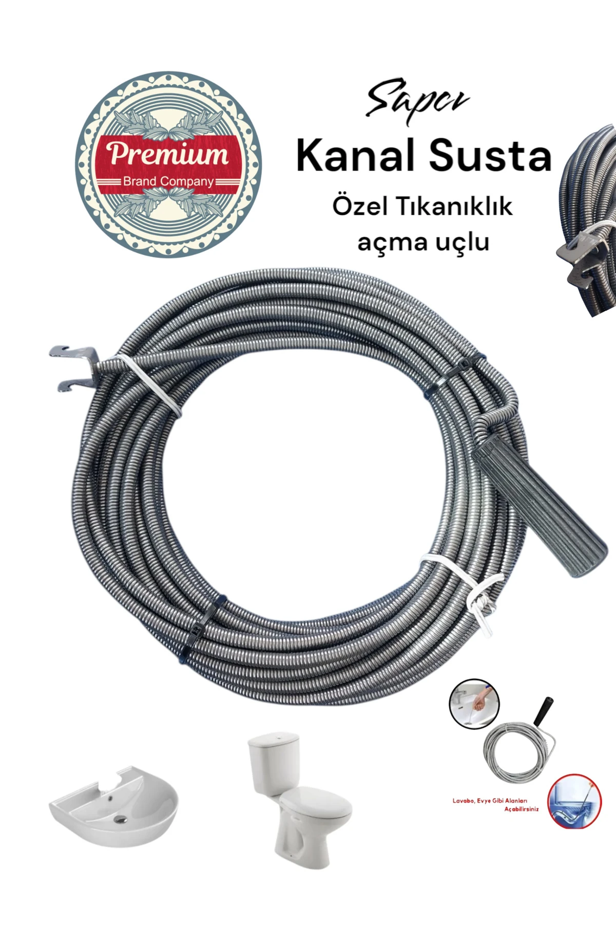 Premium 5 Metre Tıkanıklık Açma Klozet Gider Açıcı Boru Temizleme ÖZEL UÇLU Spiral Kanal Susta
