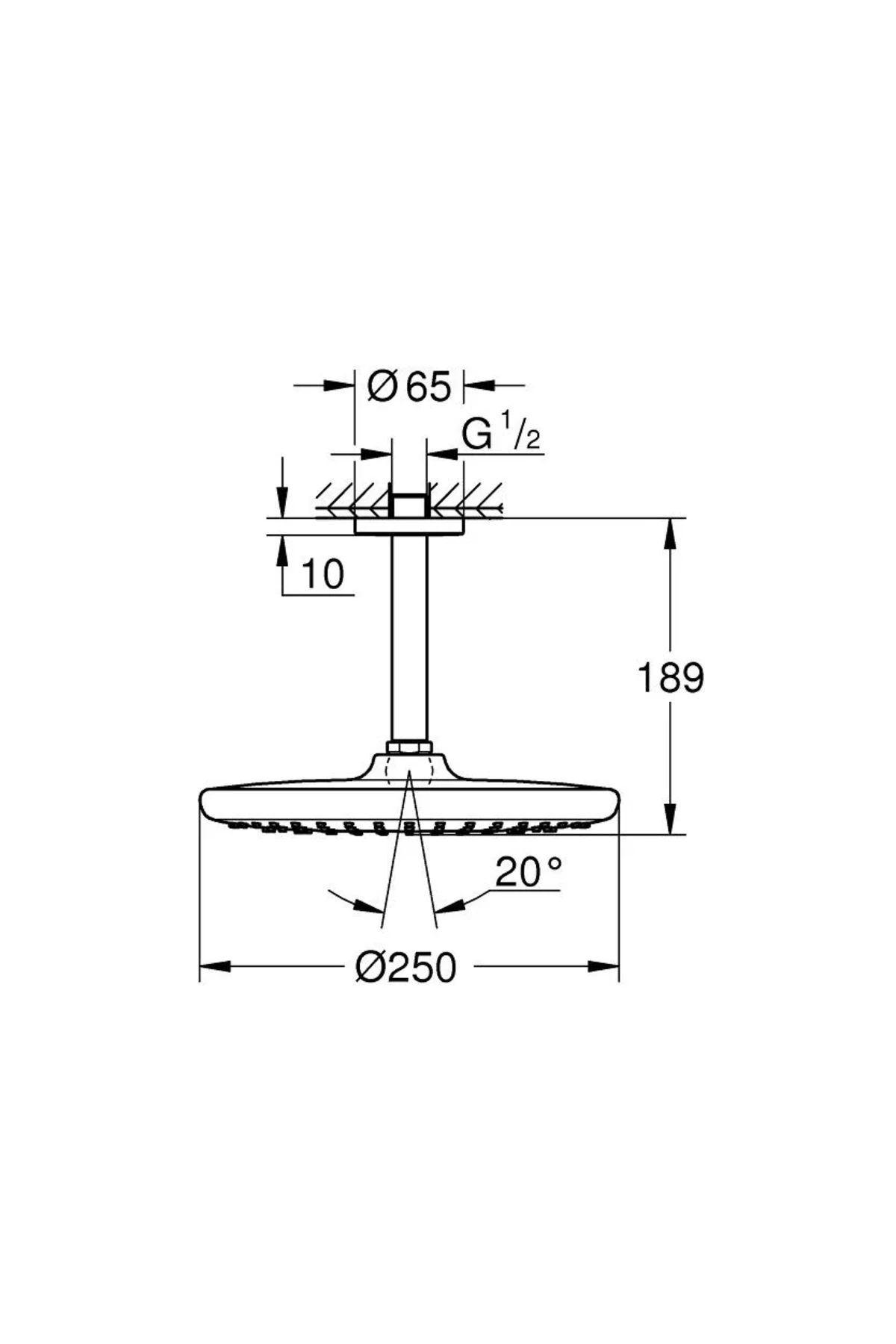 Tempesta 250 Yuvarlak Tepe Duşu Tek Akışlı, 25 cm (Tavandan Dirsek Dahil), Mat Siyah, 26669243