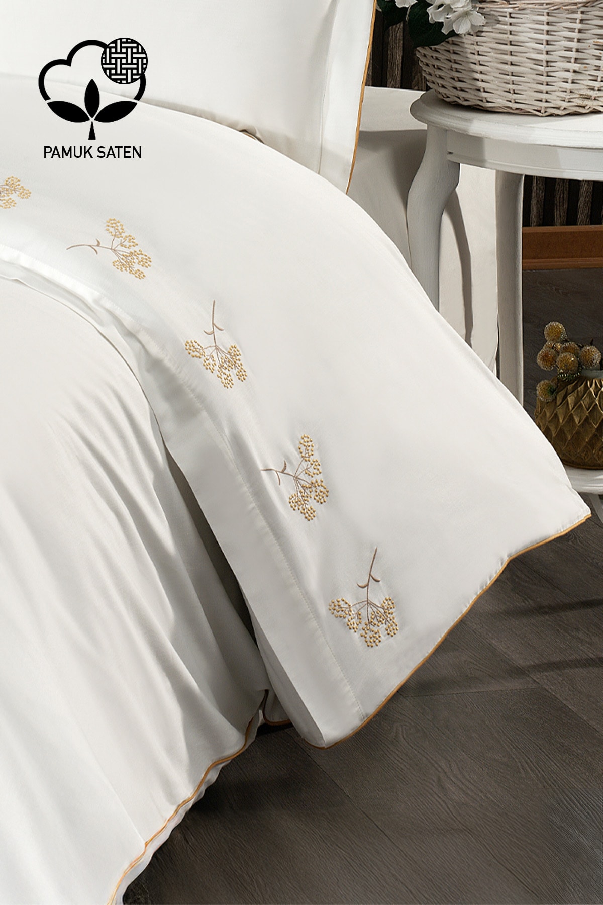 Sementa Çiçek Nakışlıi Pamuk Saten Super King Size 6 Parça Nevresim Takımı