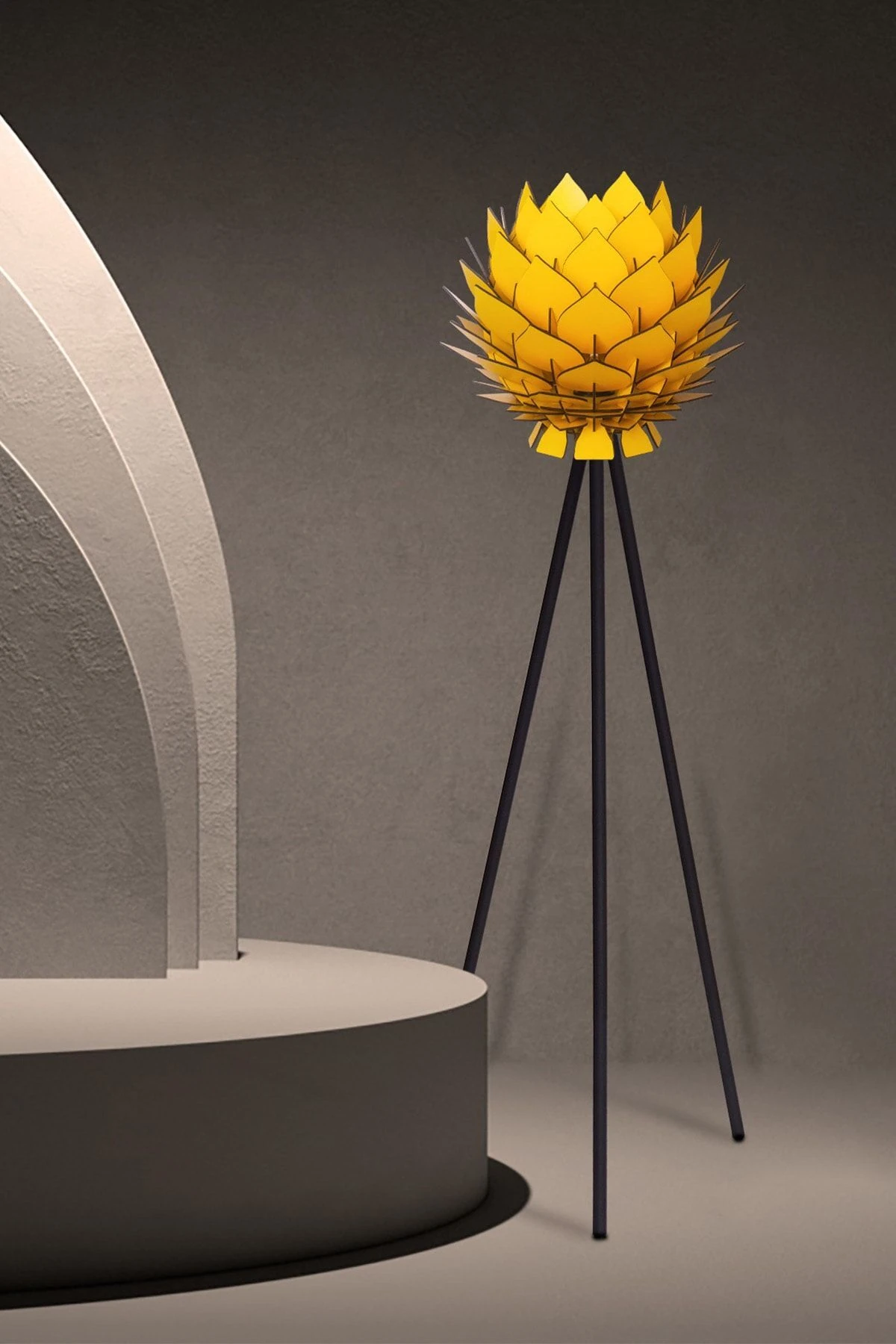 Lotus Metal Ayaklı Yerpuar Anahtarlı Ahşap Modern Tripod Üç Ayaklı Lambader Aydınlatma