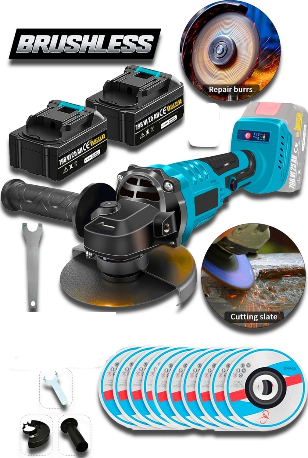 Alman Black Blu 798VF 25AH Kömürsüz Motor 115 mm Akülü Avuç Içi Taşlama Makinesi +10 Taş