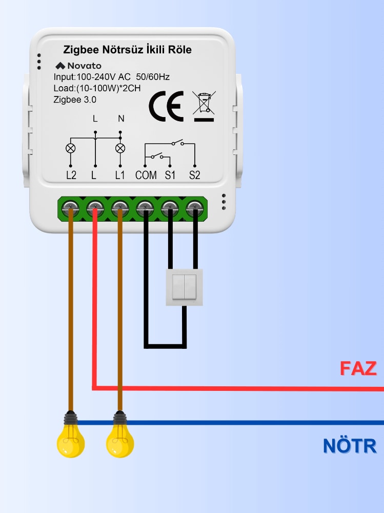 Zigbee Çift Çıkışlı Nötrsüz Akıllı Röle ( Tuya - Smart Life Uyumlu )