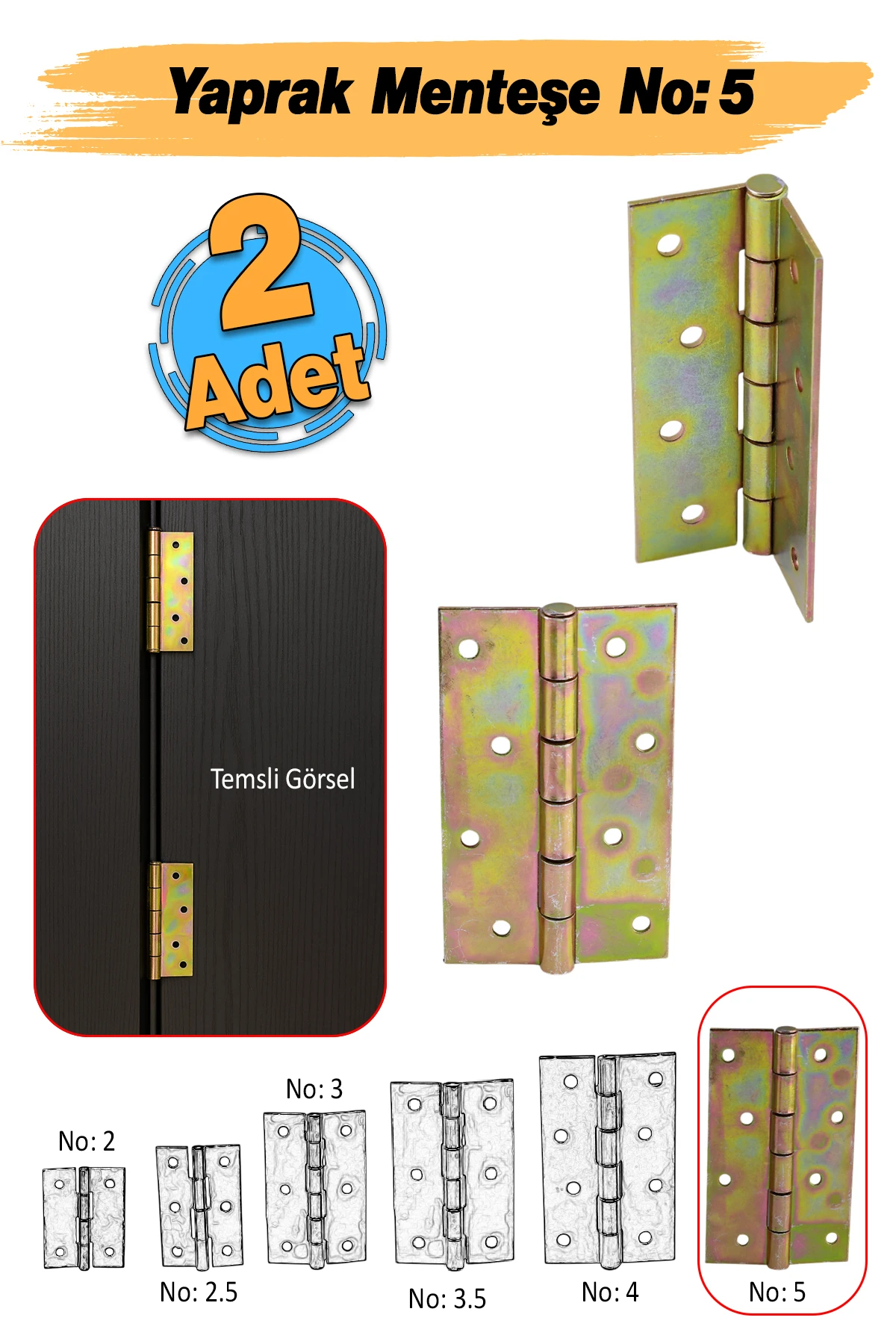 İki Kanatlı Metal Yaprak Menteşe (2 Adet) Prinç Sarı (No:5) Mobilya Pencere Kapı Dolap PVC Menteşesi