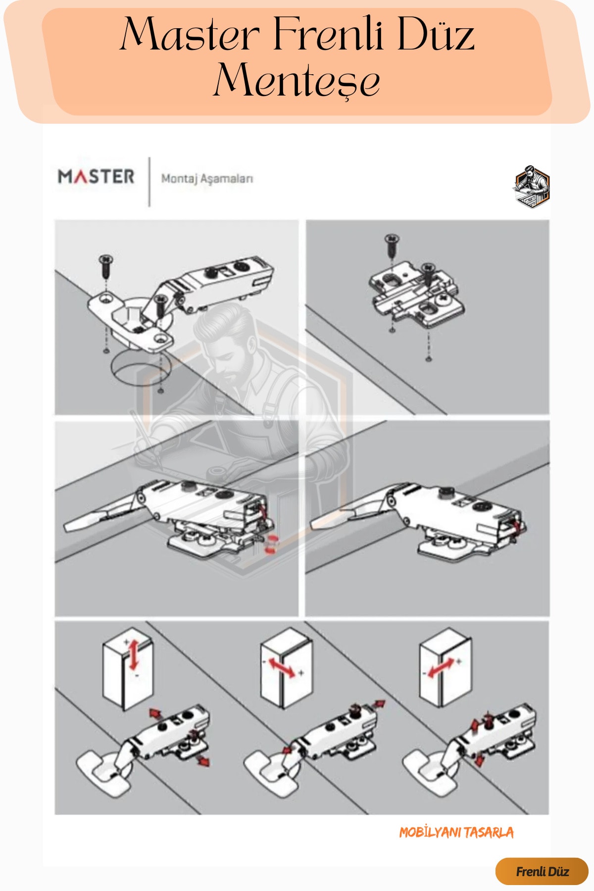 Master Frenli Düz Dolap Kapak Menteşesi (PİSTONLU DÜZ TAS) Menteşe - Mobilya Menteşeleri Tekli Dolap