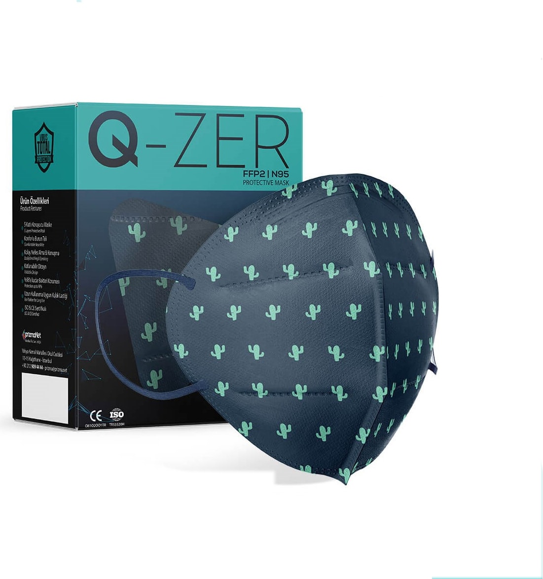 Qzer Yeşil Kaktüs Desenli Ffp2 N95 Maske Meltblown Katmanlı