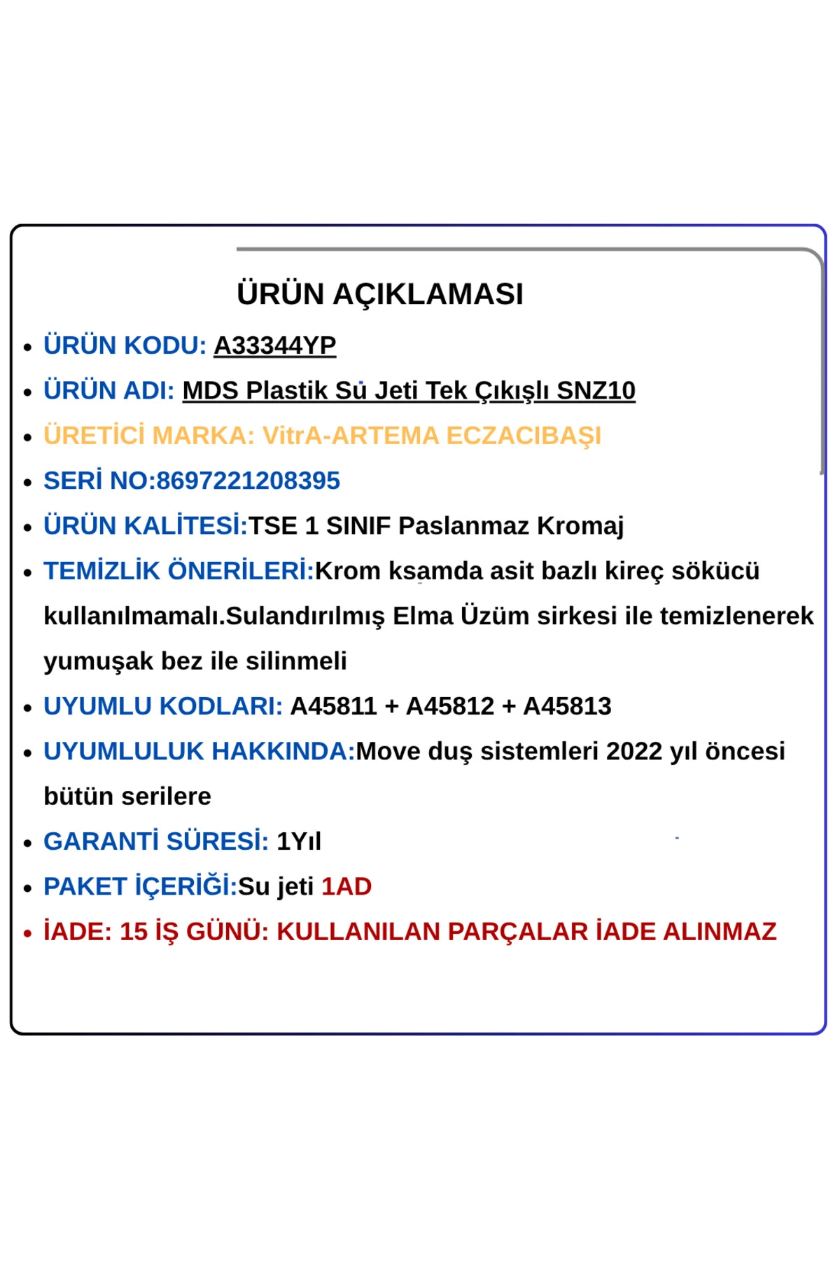 A33344YP MDS Plastik Su Jeti Tek Çıkışlı SNZ10 (Eski seri)