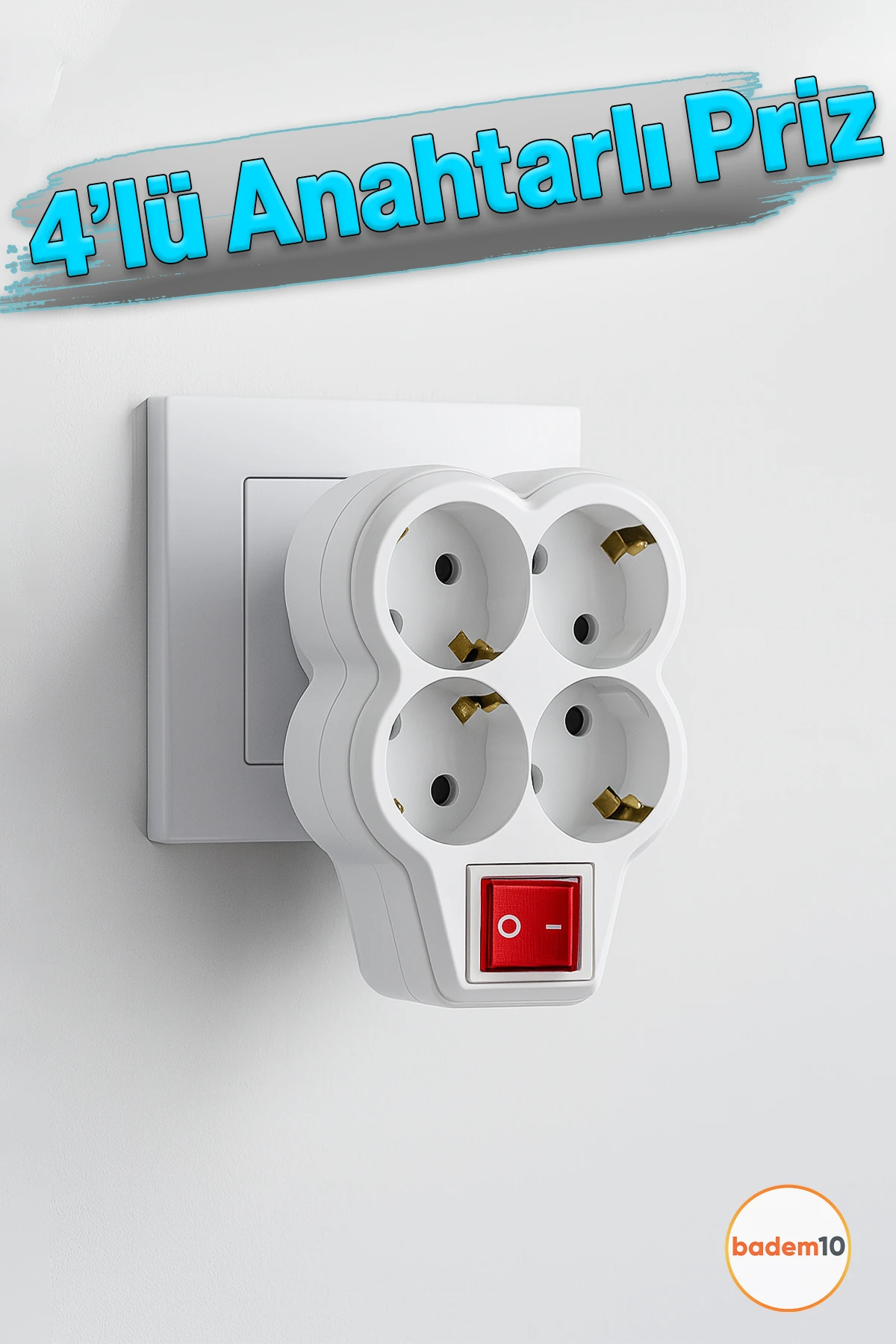 4'lü Beyaz Grup Priz Golyat Düğmeli Fiş Kablosuz Açma Kapamalı Anahtarlı Topraklı Çoklu Çoğaltıcı