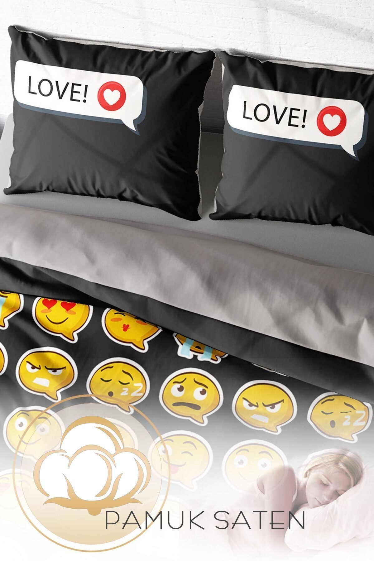 I Love Emoji 3d Pamuk Saten Çift Kişilik Nevresim Takımı