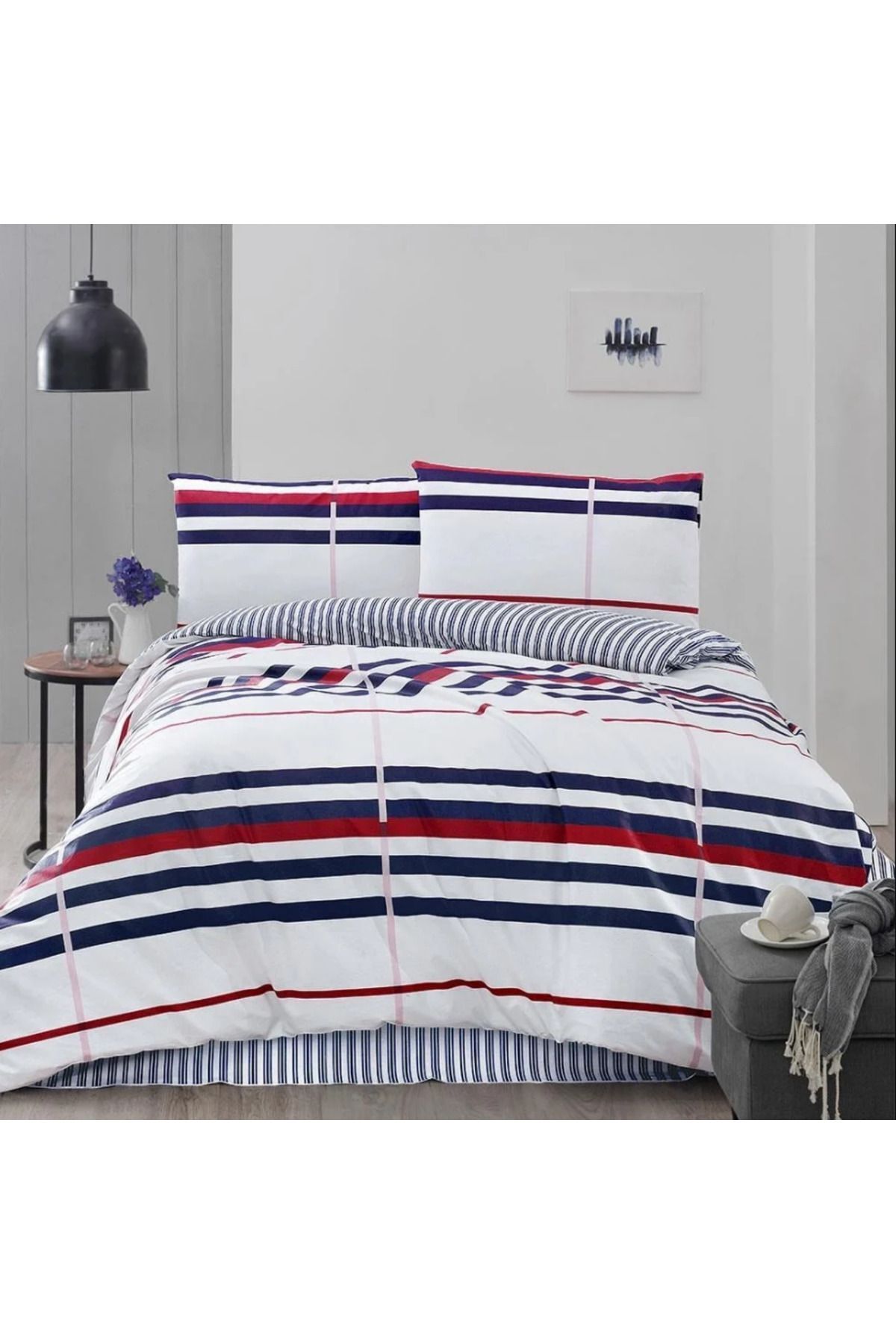 Striped Ranforce Tek Kişilik Nevresim Takımı Kırmızı