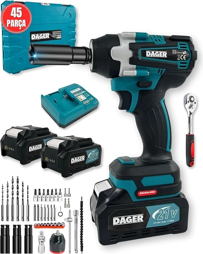 Blast 21V Kömürsüz Darbeli Şarjlı Somun Sıkma, Vidalama ve Matkap Seti | Çift 3.0AH Akü + Mandren + Lokma + 45 Parça | 450NM Tork