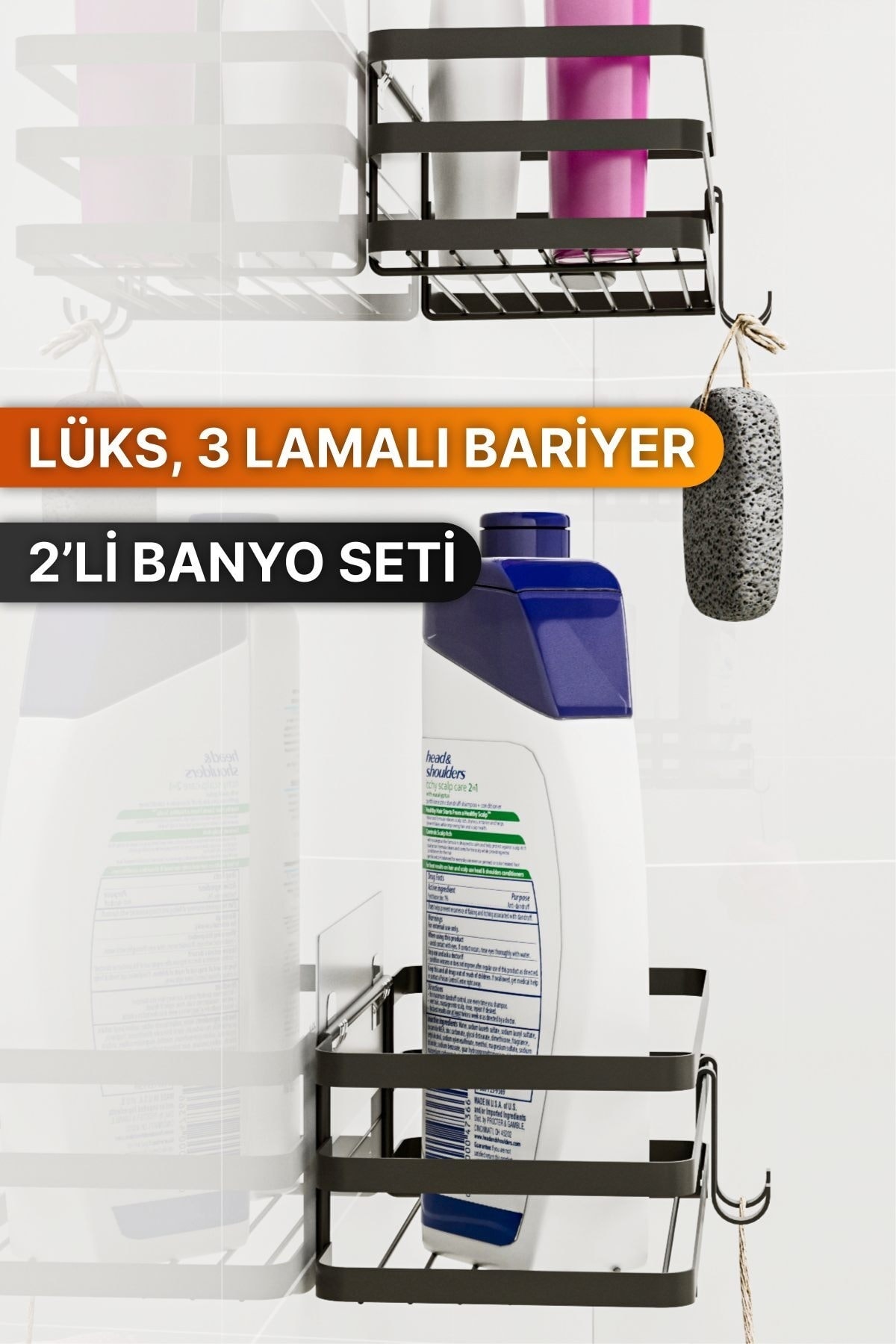 Banyo Düzenleyici Şampuanlık Sabunluk 2 Li Set Lamalı Yapışkanlı 4 Askılı Duş Rafı Organizer