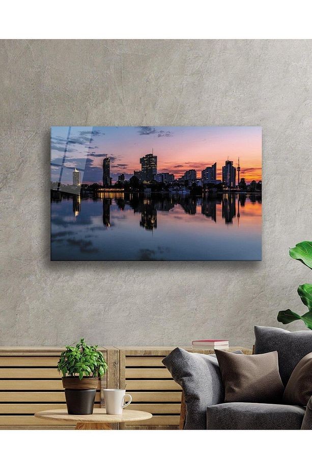 Gün Batımı Şehir Manzarası Cam Tablo 4mm Dayanıklı Temperli Cam Sunset City View Glass Wall Art