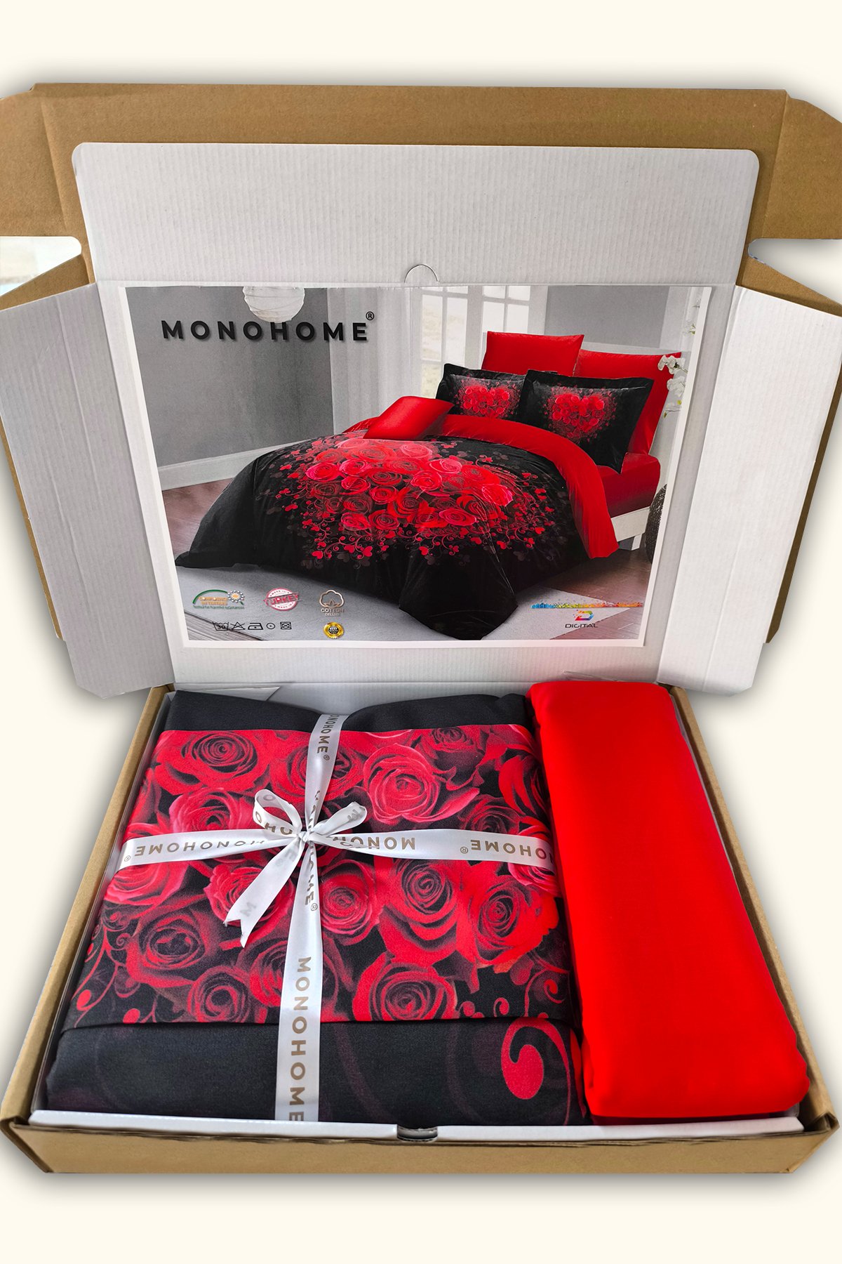 Çeyizlik Kalpli 3d Nevresim Takımı | %100 Pamuk Saten Rose Black Çift Kişilik