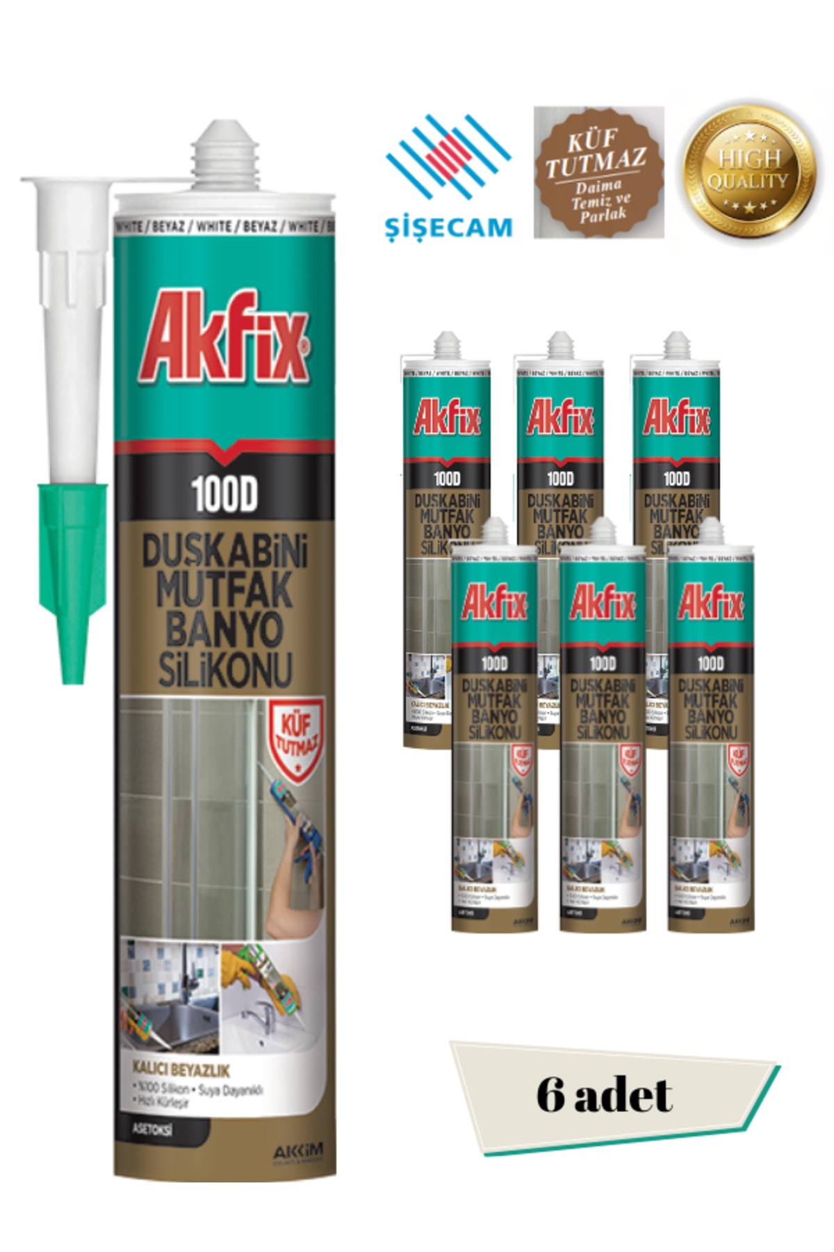 AKFİX 100D DUŞKABİNİ MUTFAK BANYO SİLİKONU (6 ADET) kararmaz silikon