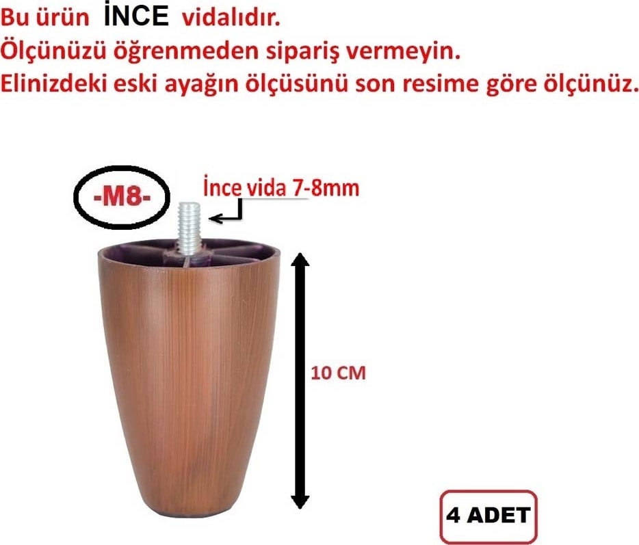 ARMUT PLASTİK BAZA AYAĞI - KOLTUK AYAĞI - KANEPE AYAĞI - CEVİZ RENK - 10 CM -4 ADET (İnce vida M8)