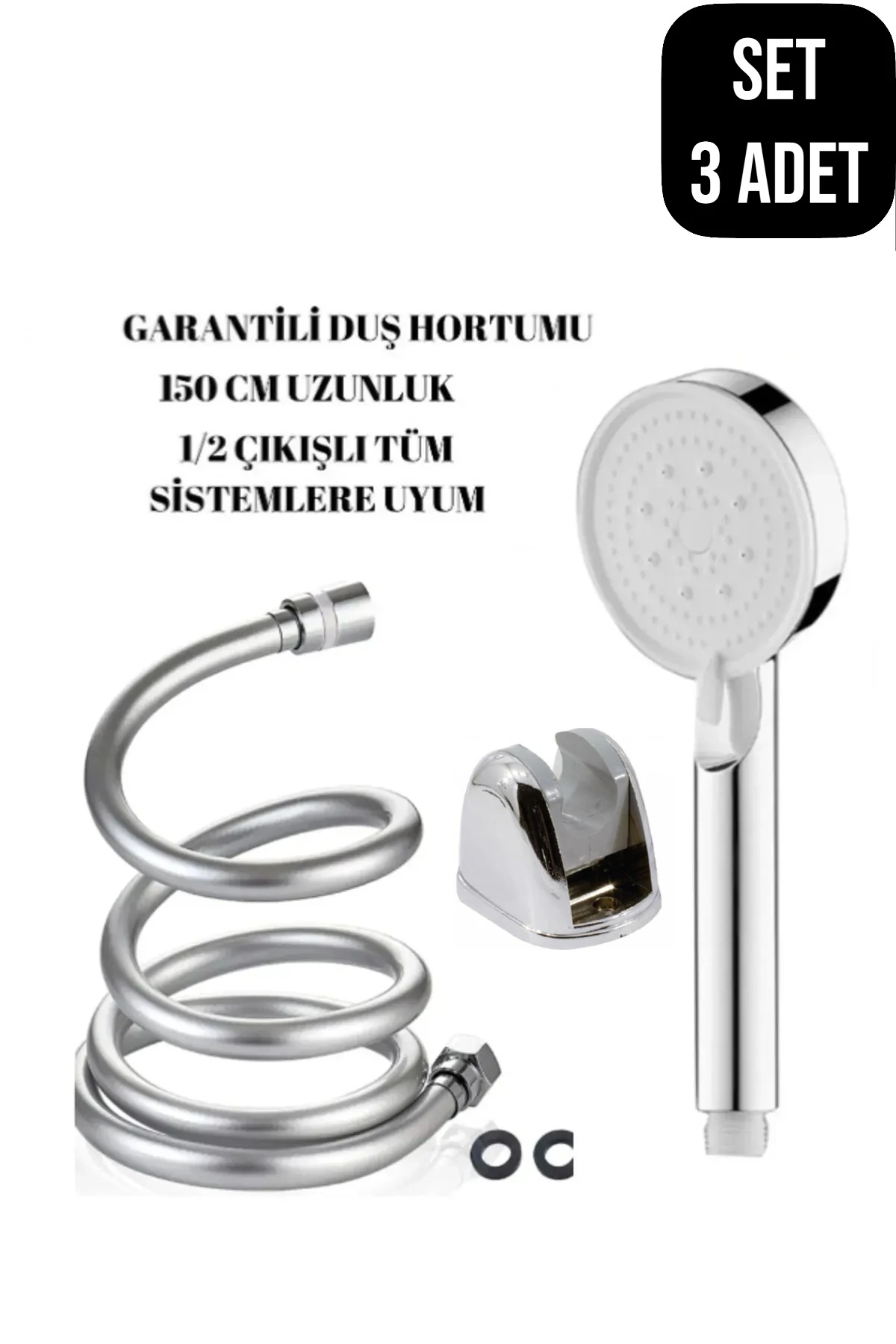 ( 3'lü Duş Seti) 5 Fonksiyonlu Duş Başlığı Su Tasarruflu Turbo El Duşu + PVC Duş Hortumu + Mafsal