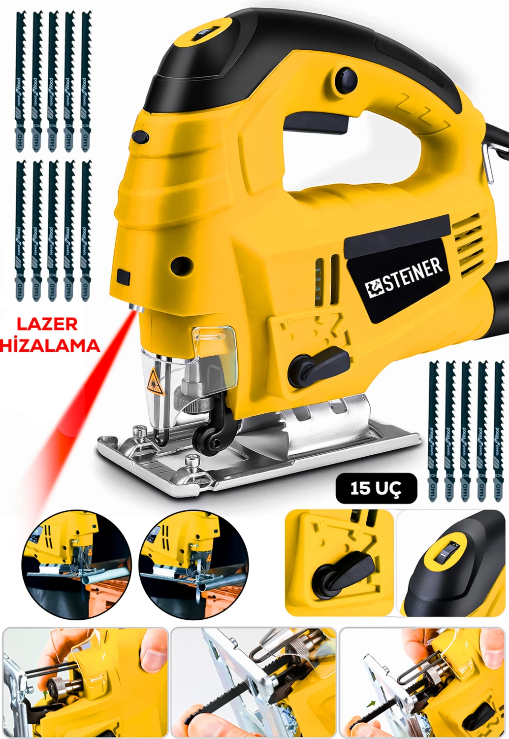 Alman 4600 W Lazerli Sjs Metal Şanzuman 6 Kademe Devirli Pandül Ayarlı Dekupaj Testere Makinesi Sarı + 15UÇ