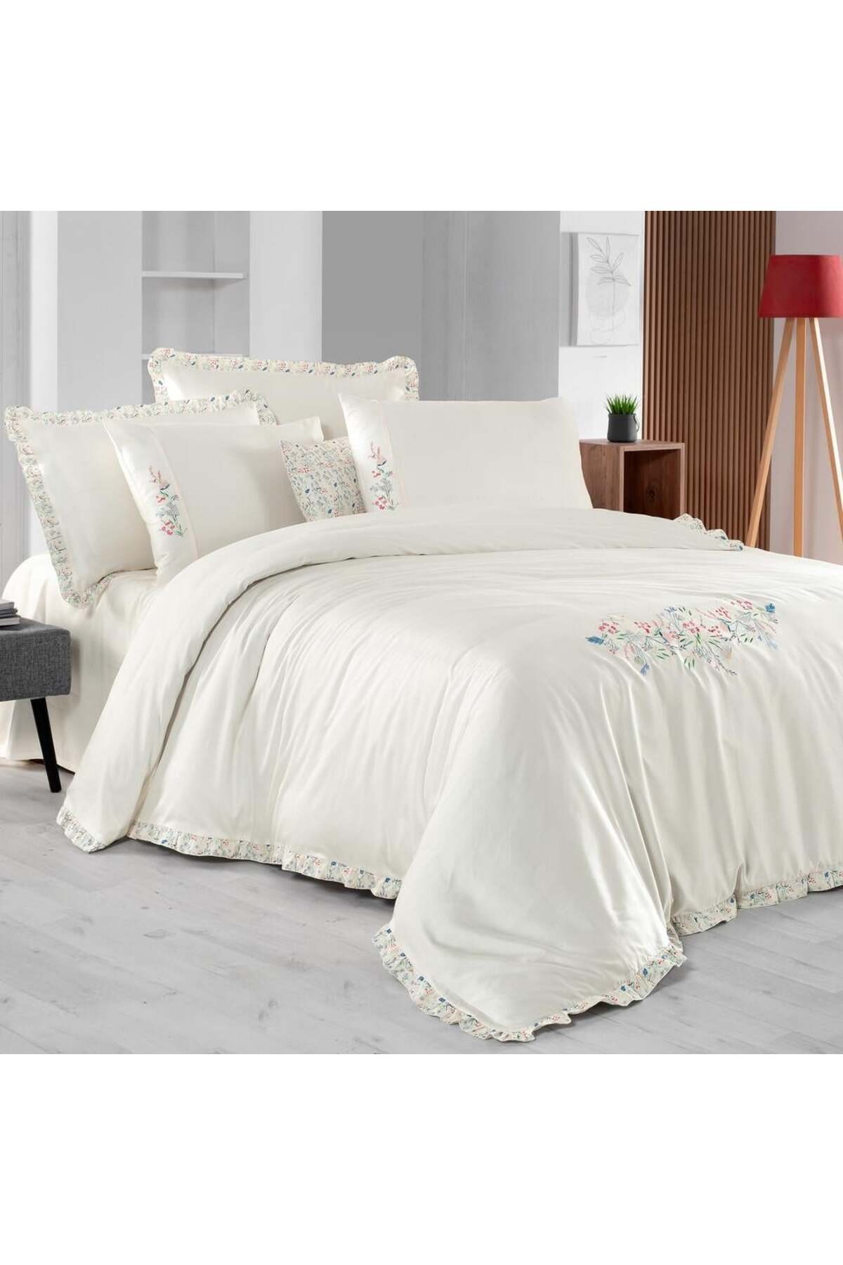 Nitra Ekru King Size Battal Boy %100 Pamuk Saten "300 TC" Nevresim Takımı