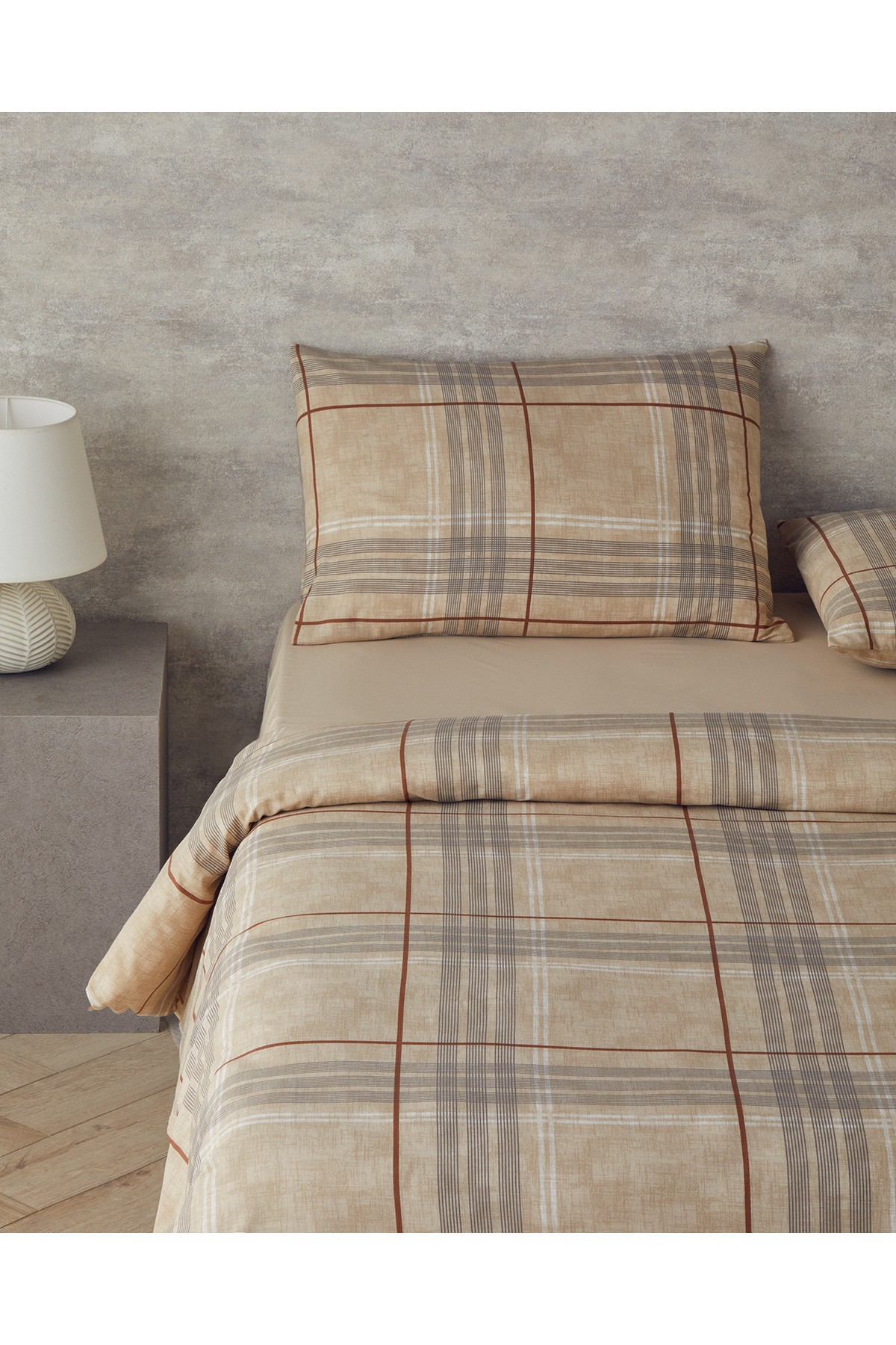 Natural Plaid Kolay Ütülenir Çift Kişilik Nevresim Takımı 200x220 cm Koyu Bej