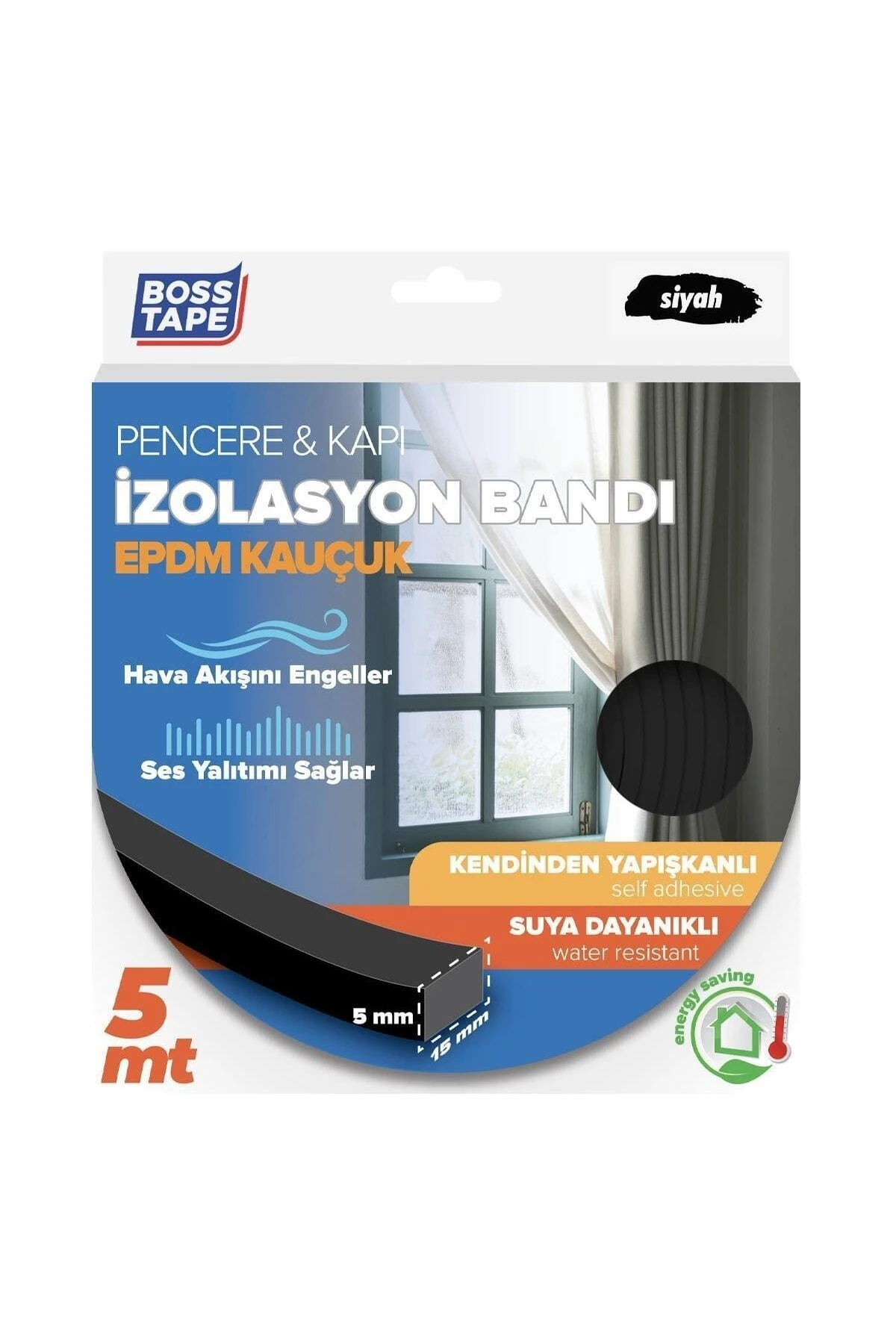Pencere Kapı Rüzgar Isı Kaybı Engelleyici İzolasyon Bandı 5 Metre Kauçuk Siyah En:15mm Yükseklik:5mm