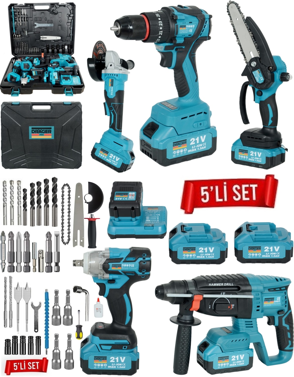 Kömürsüz Motor Şarjlı Matkap,taşlama,yağ Pompalı Testere,somun Sıkma,kırıcı Delici 5 Li Ultra Set
