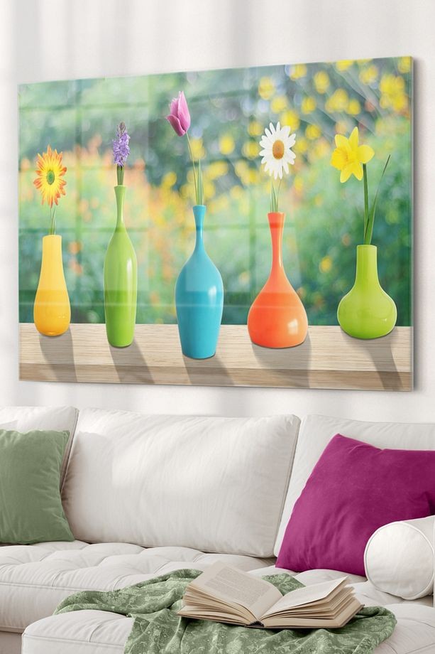 Renkli Çiçekler Ve Vazolar|doğa Temalı Cam Tablo | 50x70 Cm