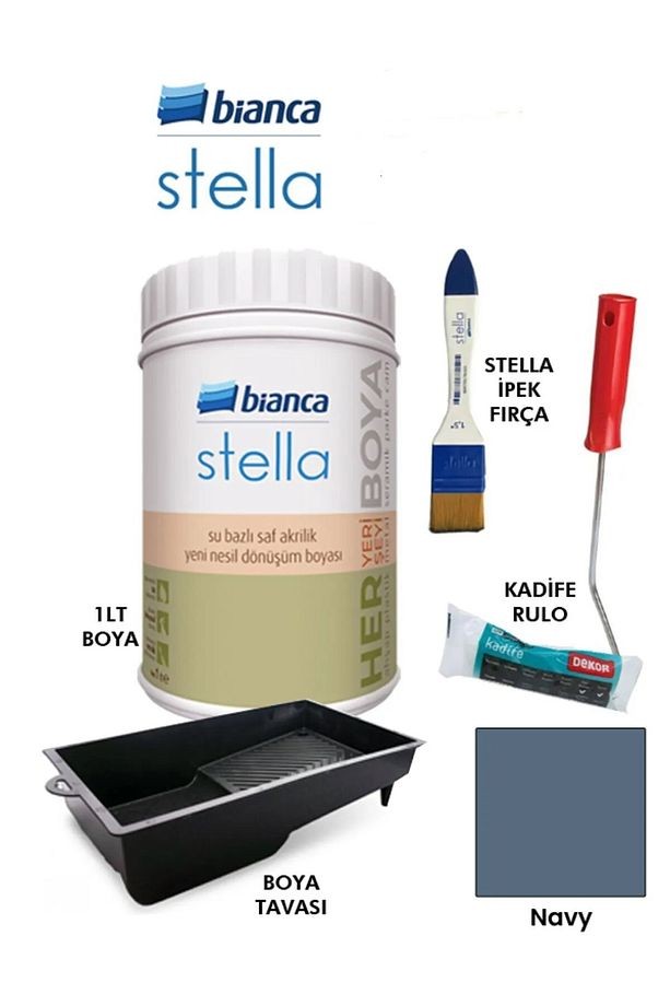 Stella Boya 4 Parçalı Set ( 1Lt Boya - Boya Tavası- Stella İpek Fırça - Kadife Rulo ) Navy