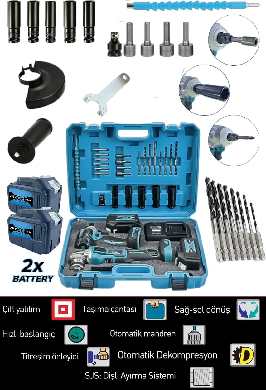 Full Set 256 Vf 20 Ah Kömürsüz Motor Akülü Şarjlı Taşlama ve Bijon Somun Sökme Sıkma Makinası