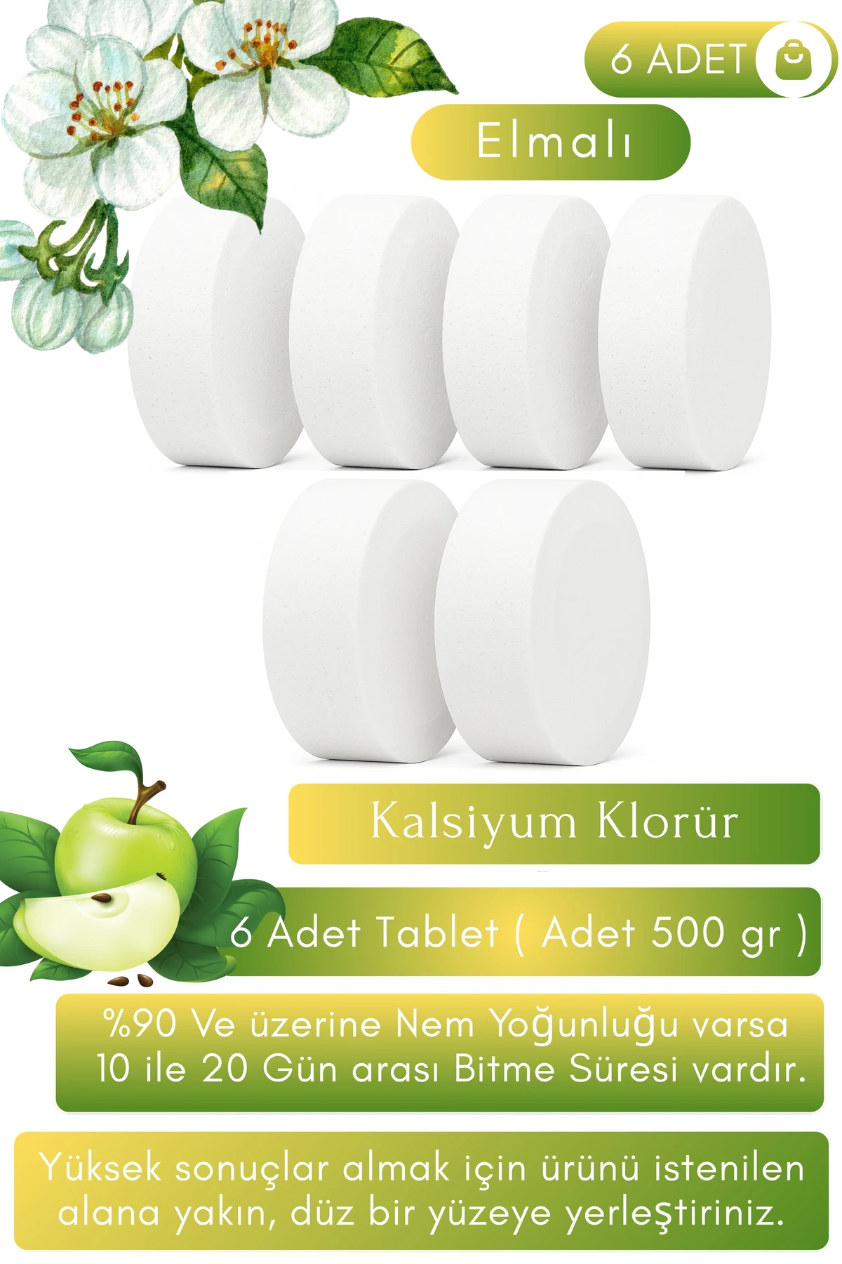 Nem Emici | Küf Önleyici | Ev Tipi Rutubet Giderici | Elma Esanslı | 500g X 6 Tablet | Ev,depo