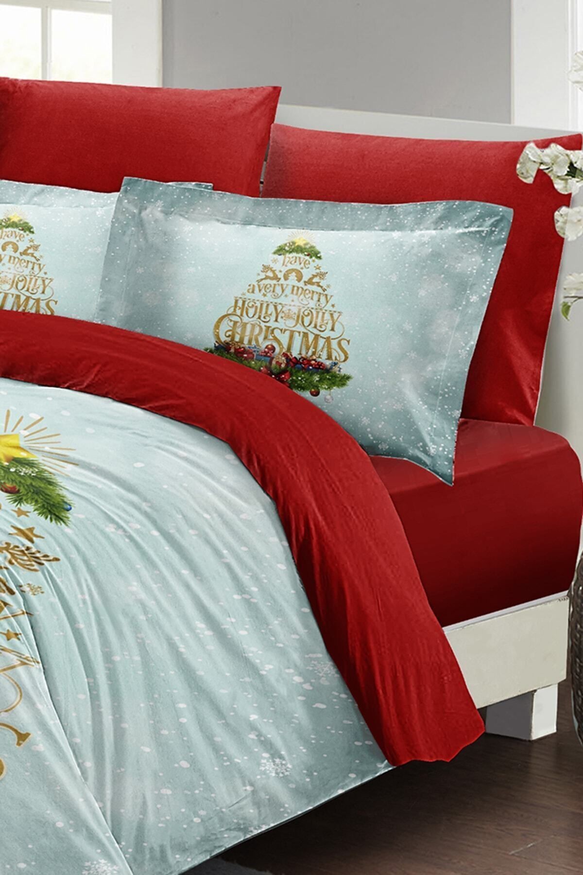 Yılbaşı Nevresim Takımı (Lastikli Çarşaflı) Çift Kişilik %100 Pamuk Saten Jolly Noel