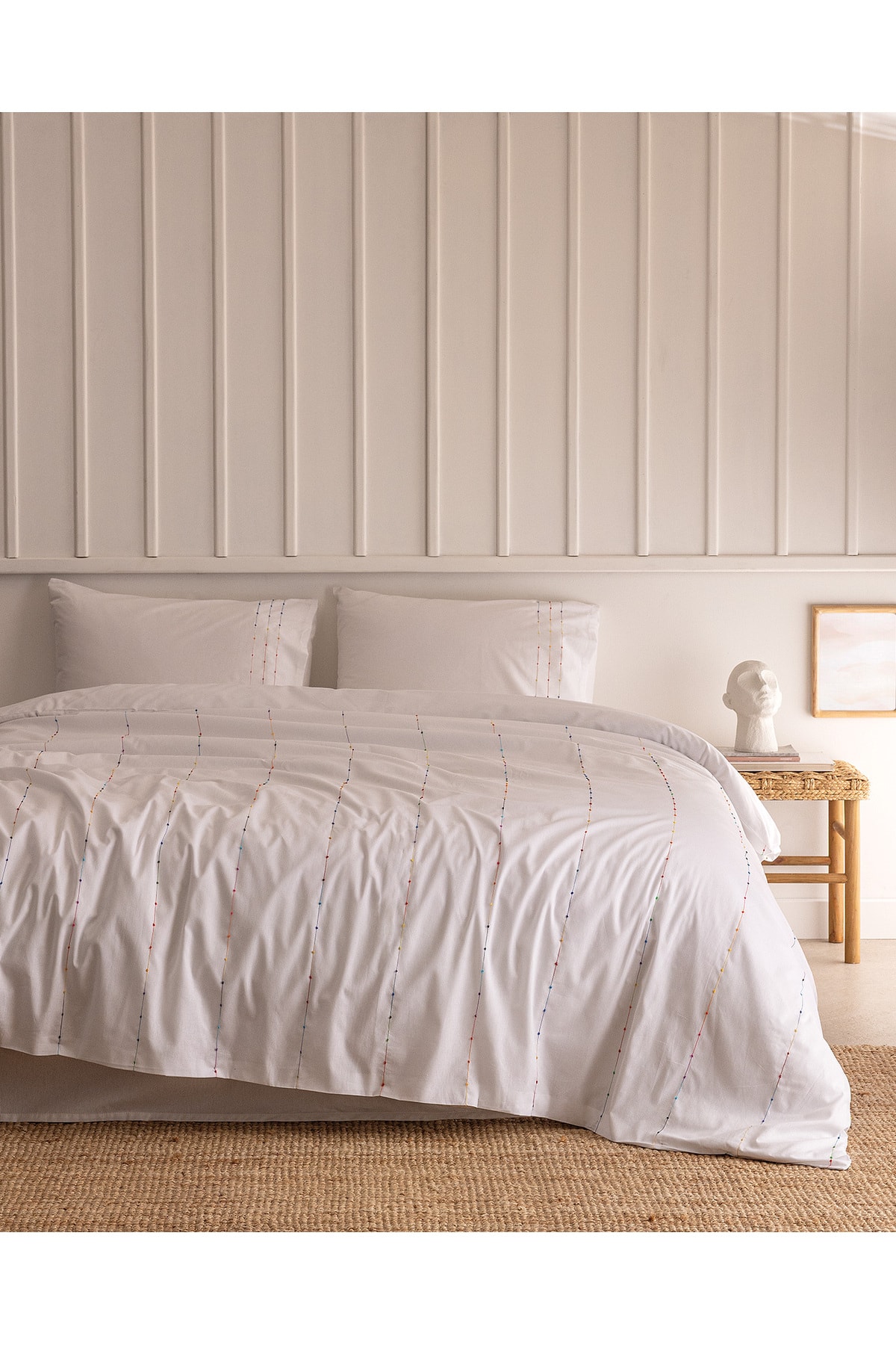 Estampe King Size %100 Pamuk Ranforce Nakışlı Nevresim Takımı - Beyaz