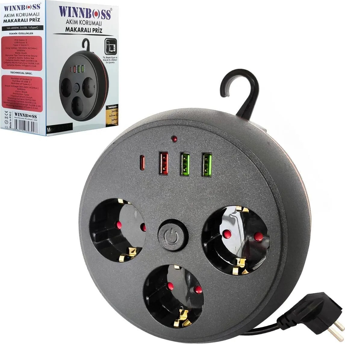 3395 Akım Korumalı Makaralı 2m Kablolu 3 Prizli 3 USB 1 Type-C Priz