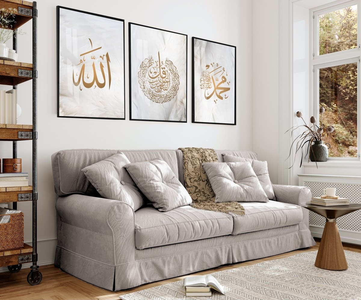 beyaz-Gold Allah-Felak-Muhammed Islami Kombini |çerçeveli Cam Tablo 3lü Dikey
