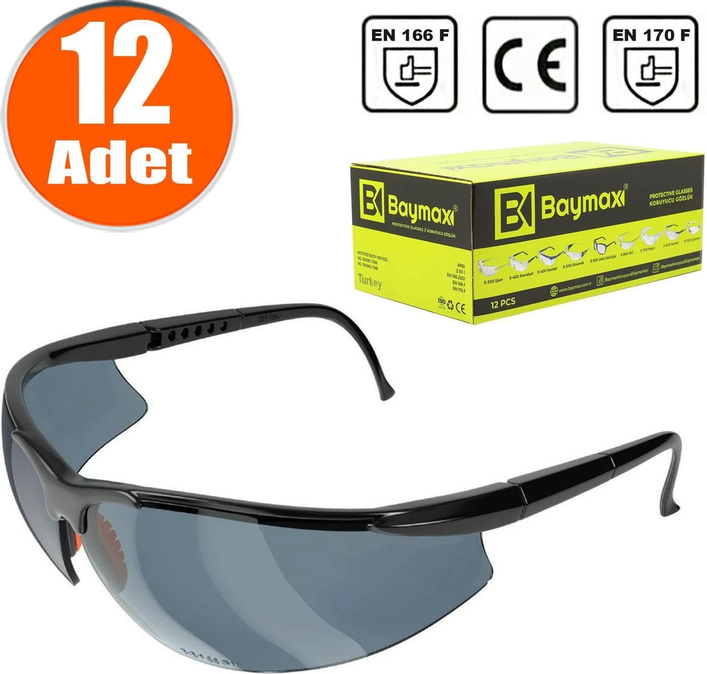 Baymax Iş Güvenlik Gözlüğü Koruyucu Silikonlu Gözlük S600 Füme 12 Adet