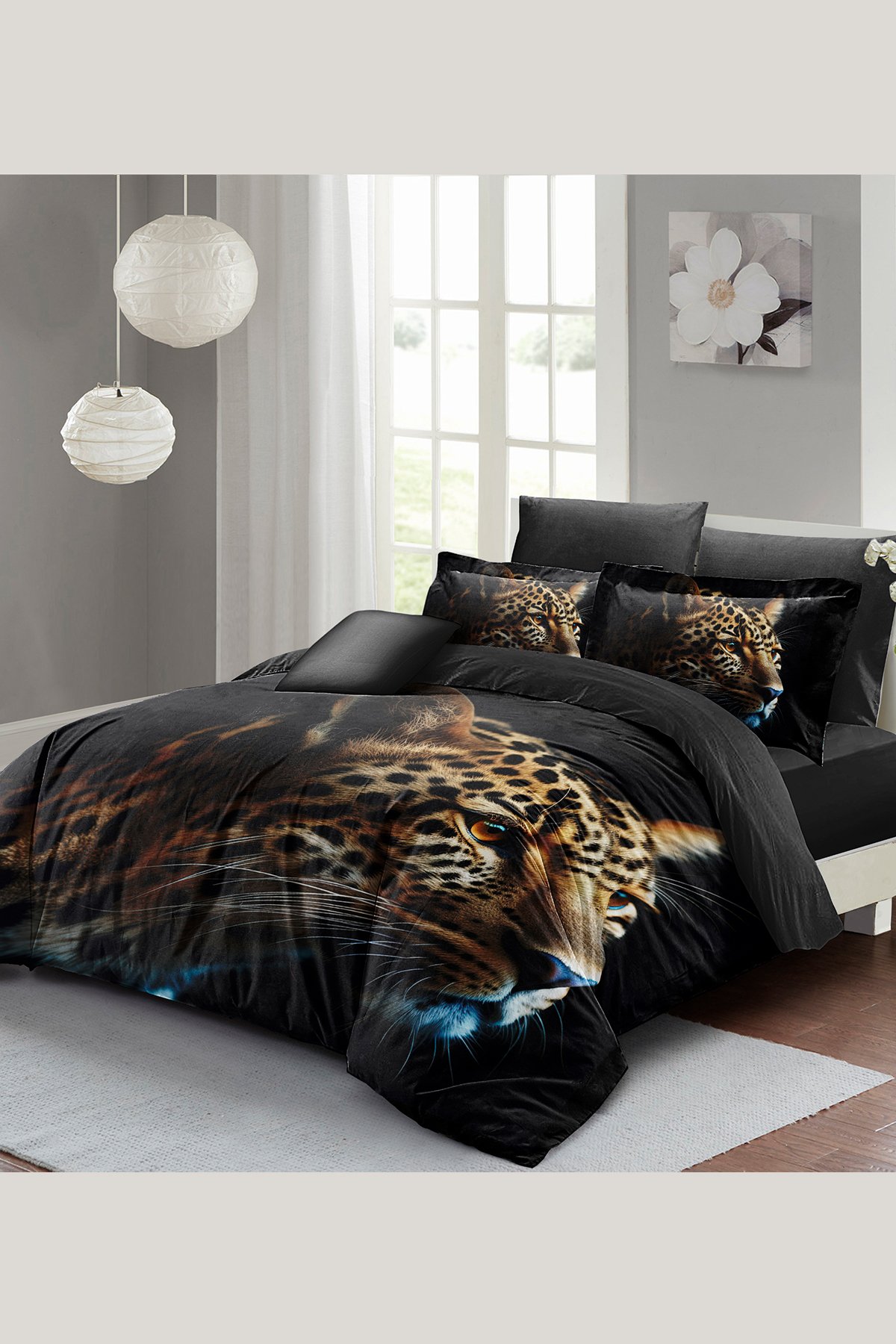 Kıng Sıze %100 Pamuk Saten Çift Kişilik Nevresim Takımı Leopard Face 220x240cm
