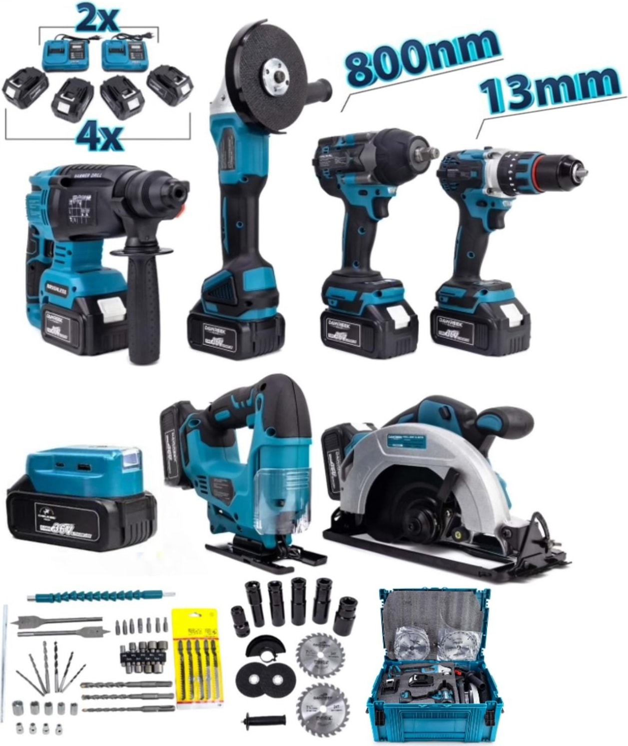 7li Yedili Matkap Seti 800 Tork Somun Sıkma HILTI+SPIRAL+13MM Çelik Mandren+Dekupaj+Sunta Kesme+Powerbank Led) 4x Batarya