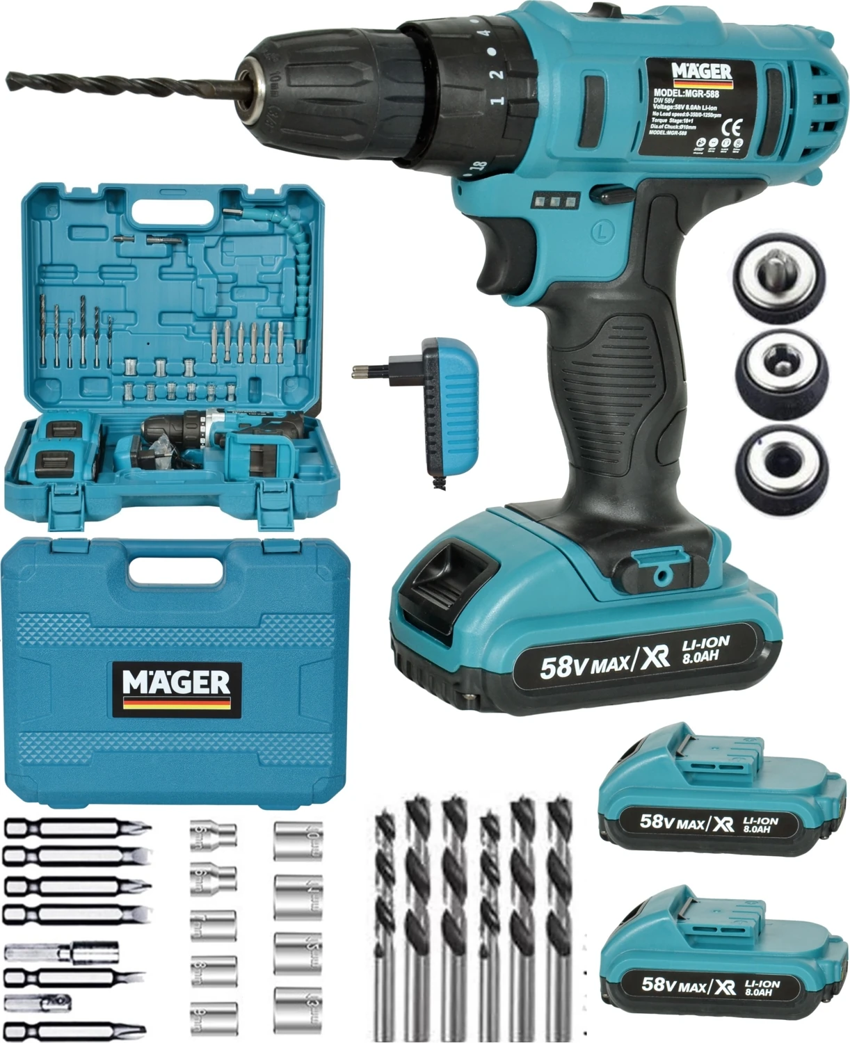 58 Watt 8 Ah Akülü Vidalama Şarjlı Darbeli 24 Parça Setli Matkap