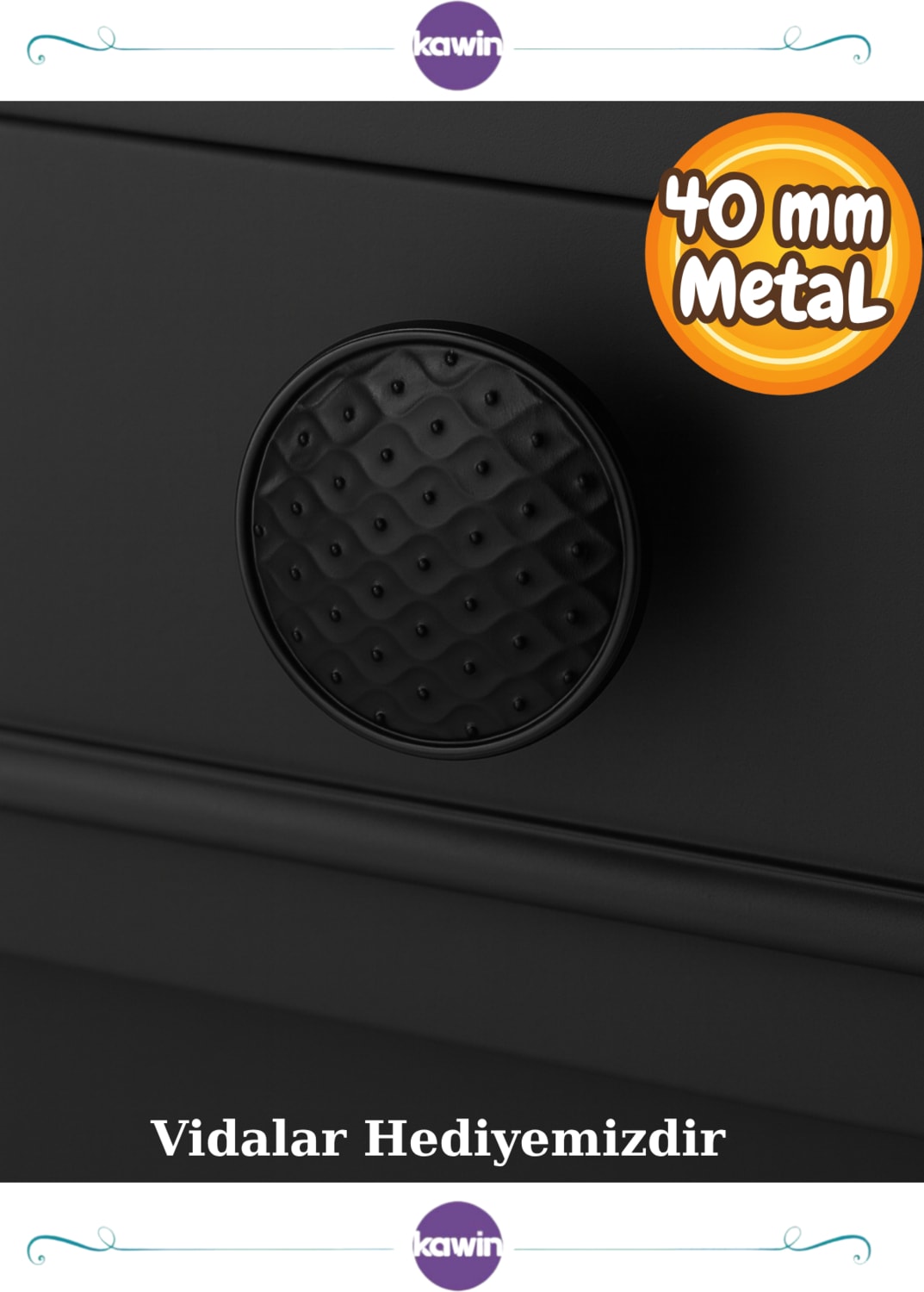 Lüks Siyah Metal 40mm (4cm) Süslü Düğme Mutfak Vidalı Çekmece Ufo Vestiyer Kulp Dolap Kulbu Mat