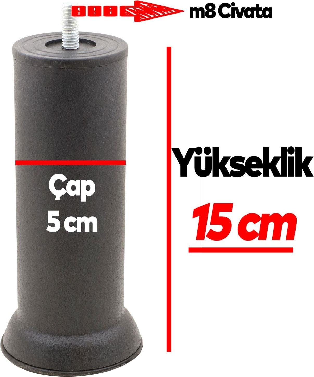 Mobilya Yükseltici Baza Metal Kanepe Koltuk Destek Ayağı M8 Civatalı Ince Diş Siyah Ayak 15 cm (12 Adet)