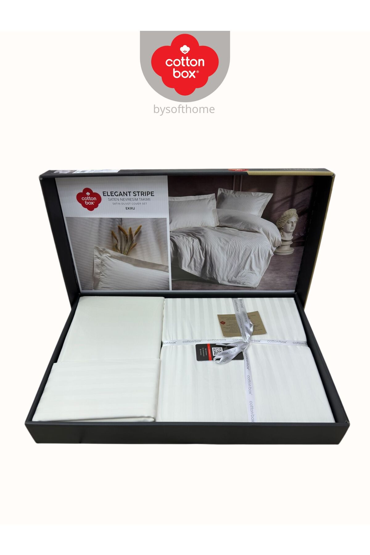 Elegant Stripe Ekru Çift Kişilik Pamuk Saten Nevresim Takımı