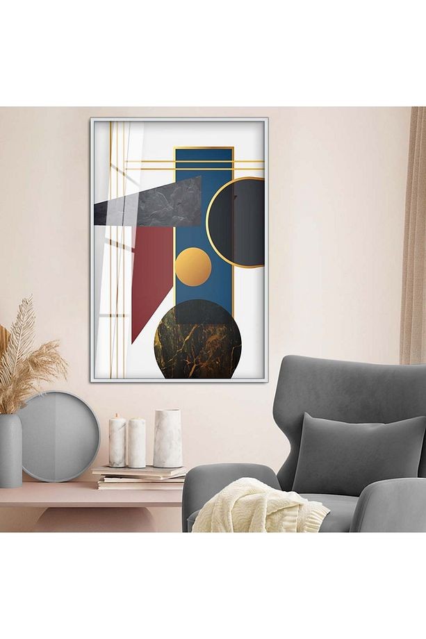 Gümüş Metal Çerçeveli Modern Çizim Geometrik Desen Kırılmaz Cam Tablo