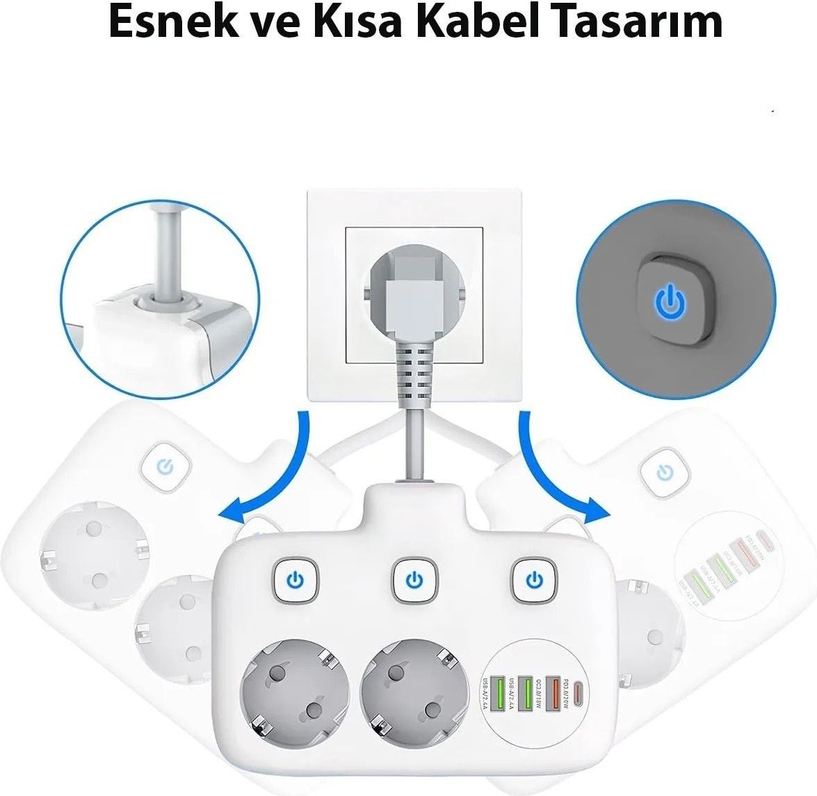 Usb'li 3'lü Priz | 20W Hızlı Şarj | 1,5m Kablolu | 1 Type-C + 3 USB | PD & QC 3.0 Çoklu Priz & Uzatma