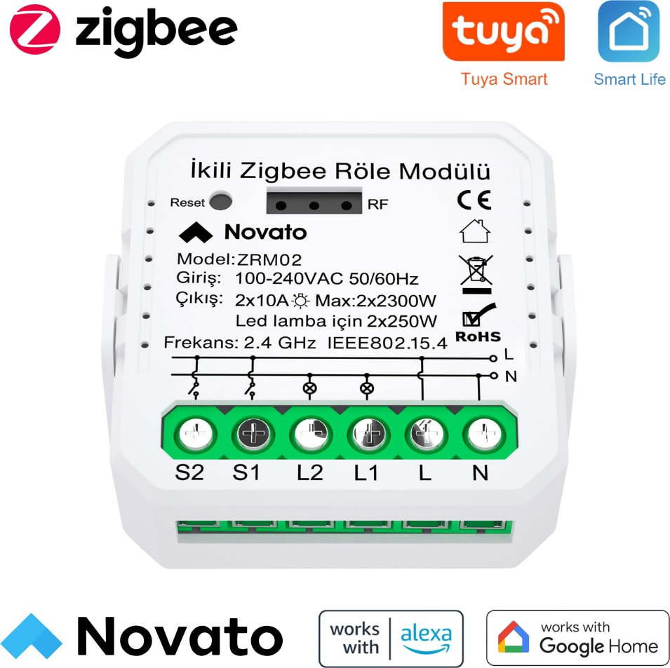 Tuya Uyumlu Zigbee Çift Çıkışlı Akıllı Anahtar (10A - 220V Röle) Anahtar Girişli, Google Asistan, Alexa Home Assistant Zigbee2MQTT ZHA Destekli Switch