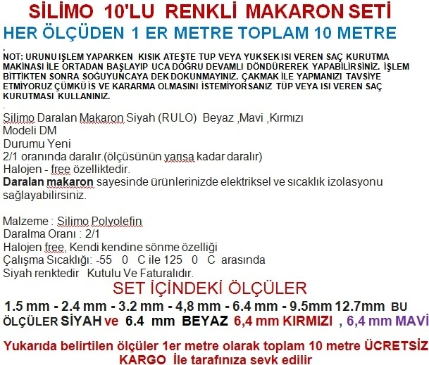 Isıyla Daralan Makaron 10'lu Renkli Set (1'er Metre) Kablo Tamir Kiti