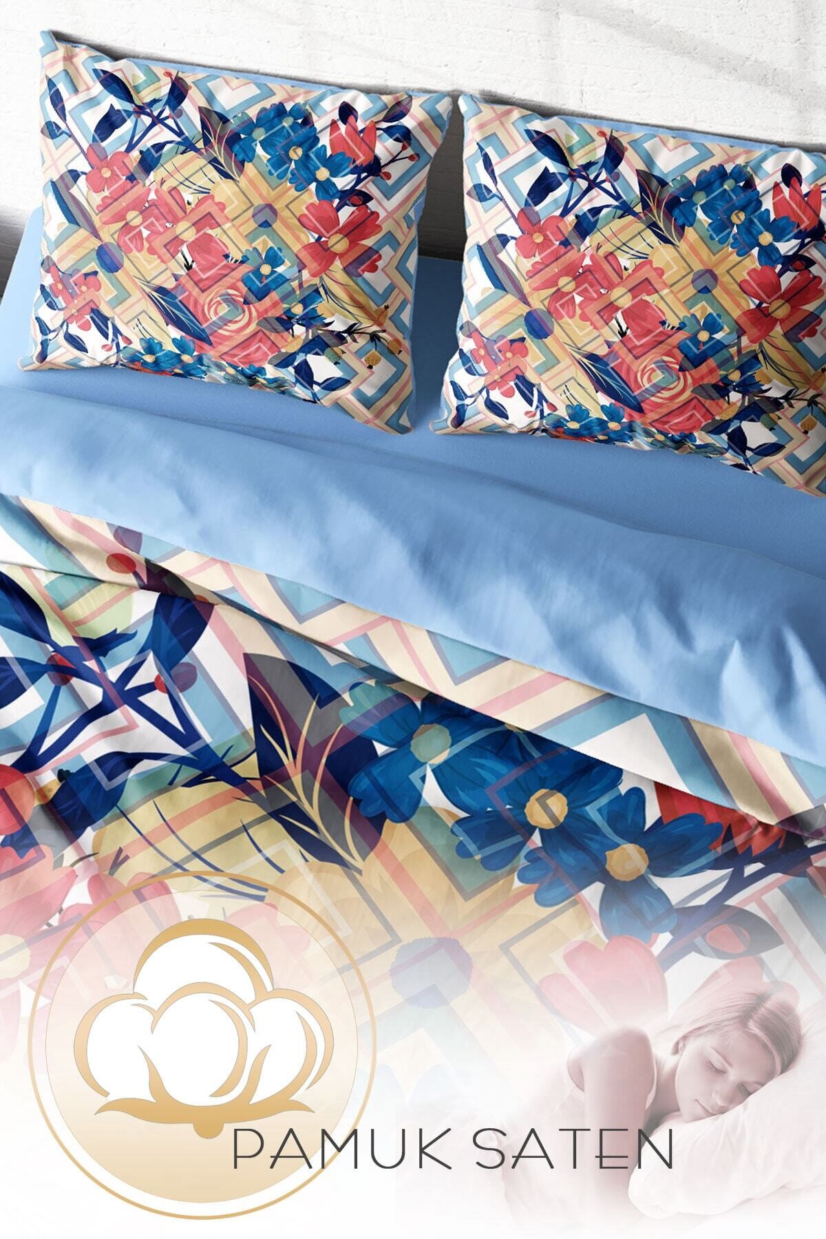 Kıng Sıze Geo Flowers 3d Pamuk Saten Çift Kişilik Nevresim Takımı 220x240cm