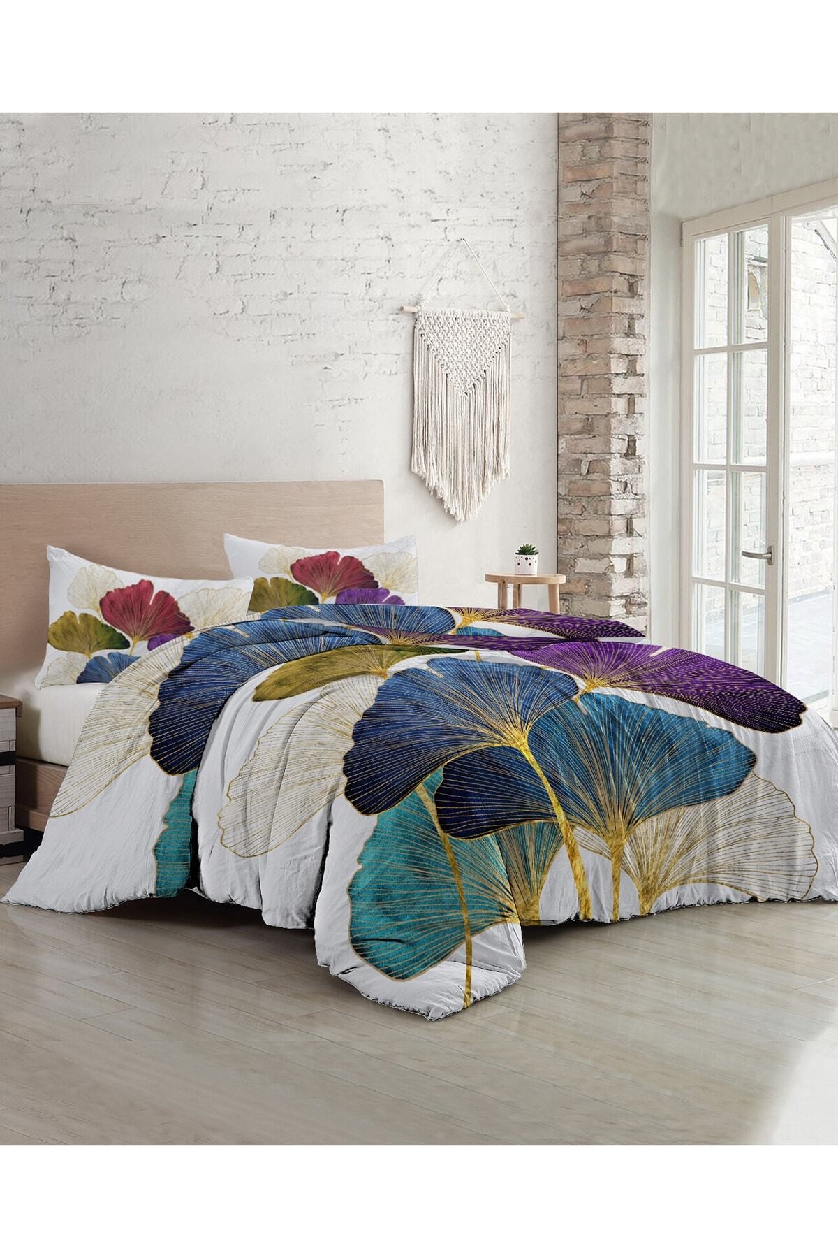 Kıng Sıze Çift Kişilik Nevresim Takımı Pamuk Saten 3d Özel Tasarım Colorfull Leaves 220x240cm