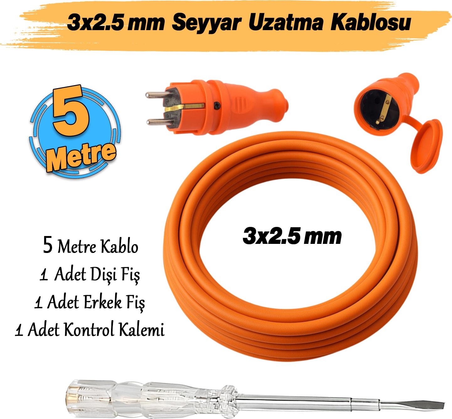 Seyyar 5 Metre Uzatma Kablosu Ttr Cca Çok Telli 3x2.5 mm Elektrik Kablo Kontrol Kalem Dişi Erkek Fiş