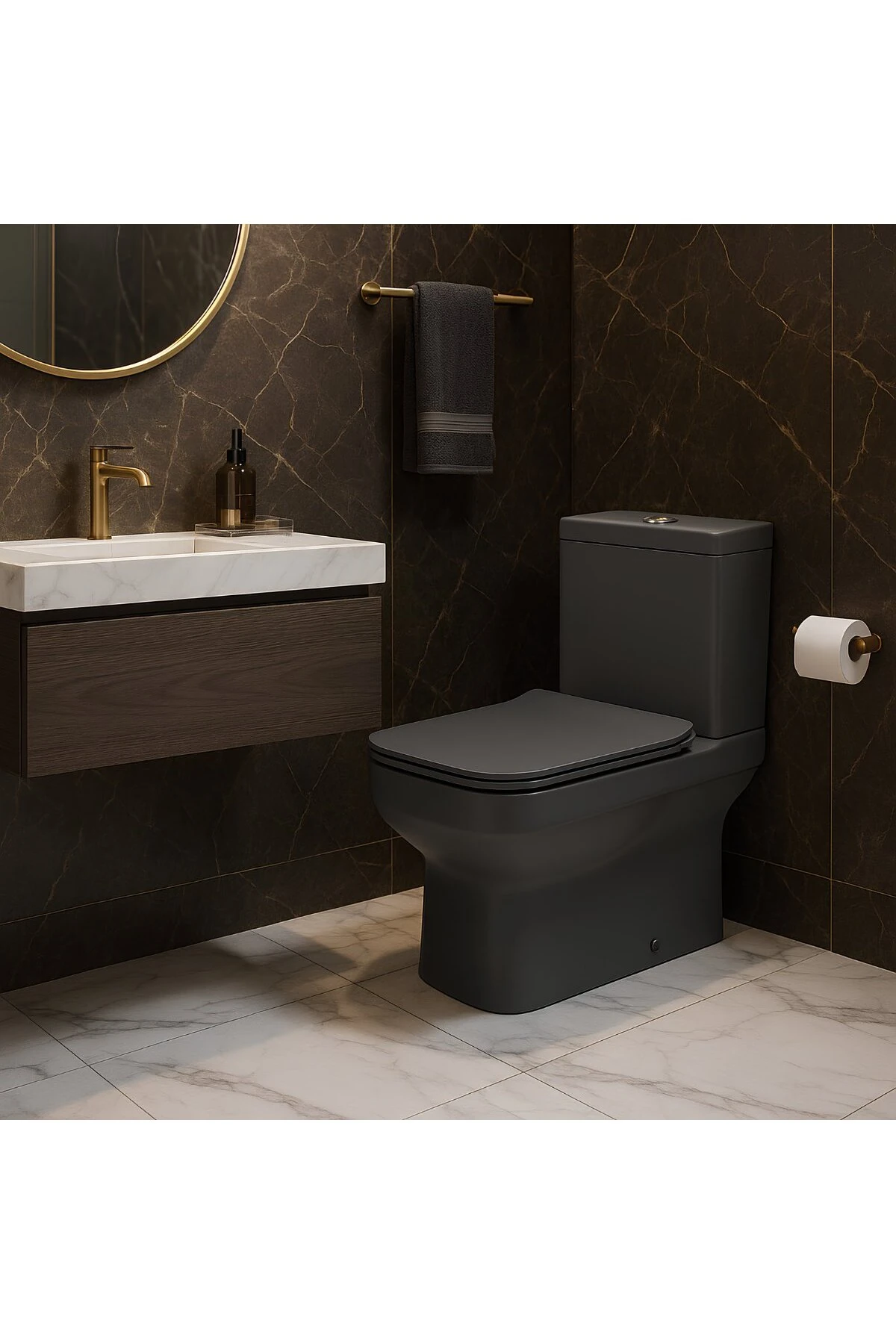 Bold Antrasit Kanalsız Duvara Sıfır Klozet Takımı A091030H, Bold Antrasit Duroplast Yavaş