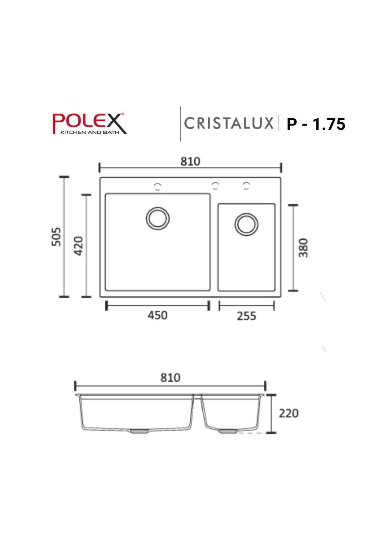 Cristalüx Granit Evye P-1,75 Antrasit 1,5 Gözlü Tezgah Altı Ve Tezgah Üstü Mutfak Evyesi 81x50,5cm